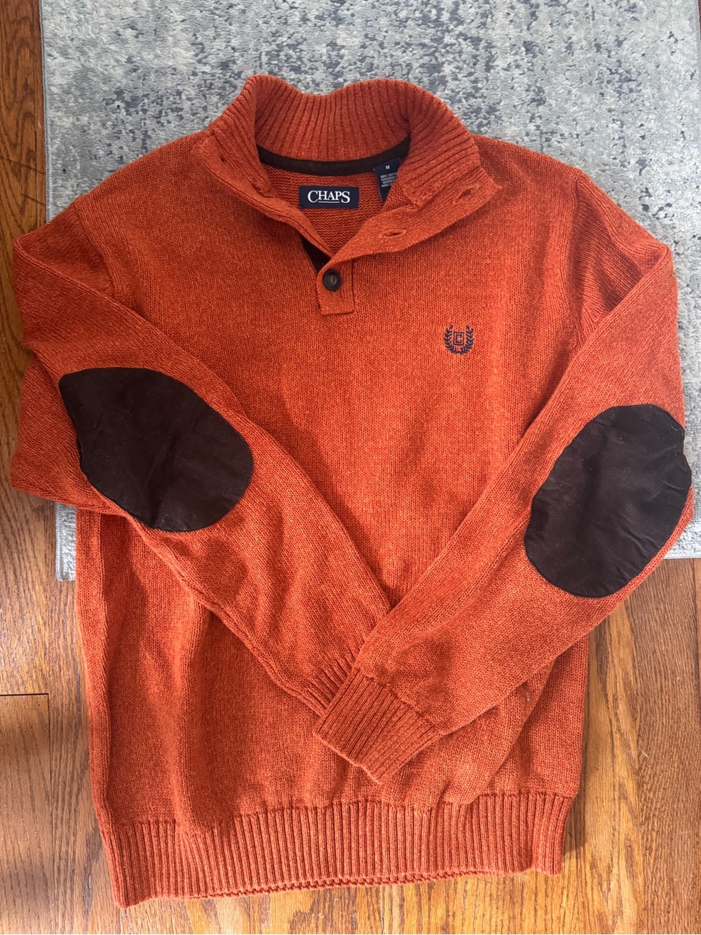 Chaps Men's Rust Orange Shawl-Collar Zip-Up Sweater with Brown Elbow Patches